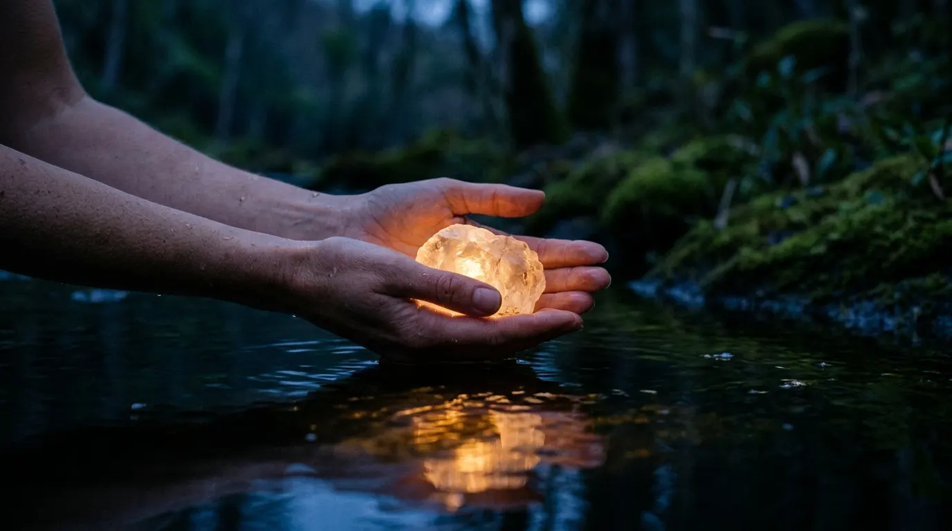 Mãos segurando um cristal luminoso